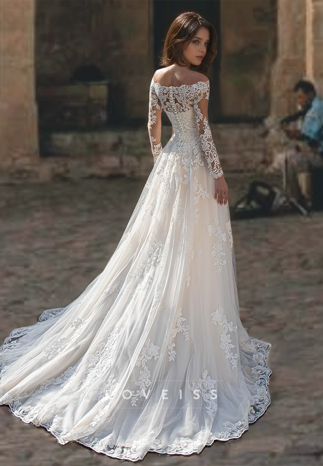 Off-Shoulder Long Sleeves Appliques Tulle A-Line Wedding Dress