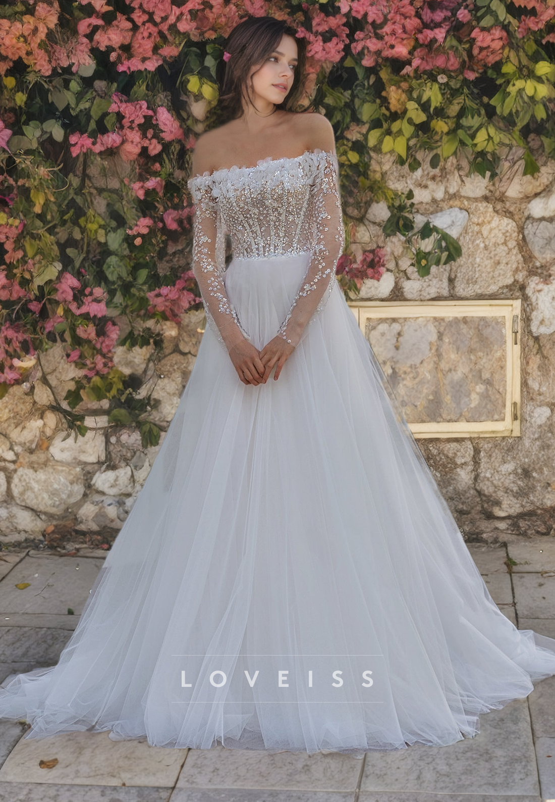 Off-Shoulder Long Sleeves Appliques Tulle A-Line Wedding Dress