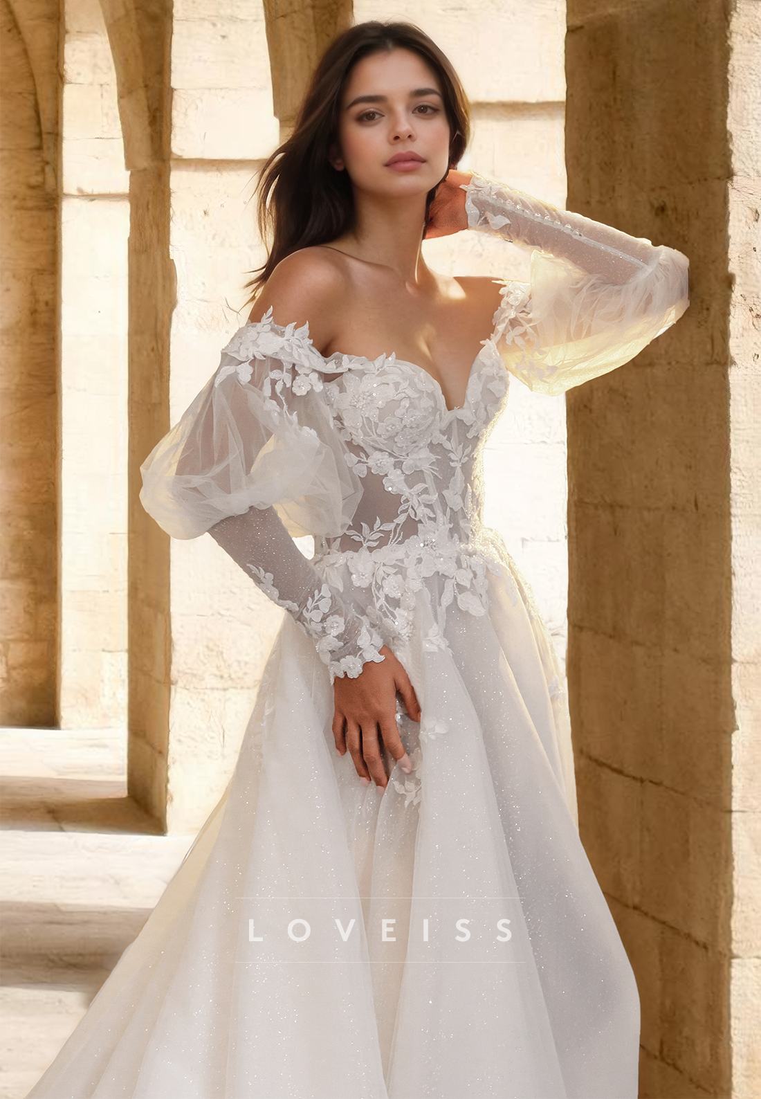 Off-Shoulder Long Sleeves Appliques Tulle A-Line Wedding Dress