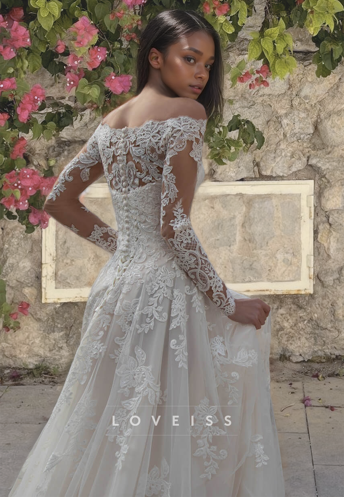 Off-Shoulder Long Sleeves Appliques Tulle A-Line Wedding Dress