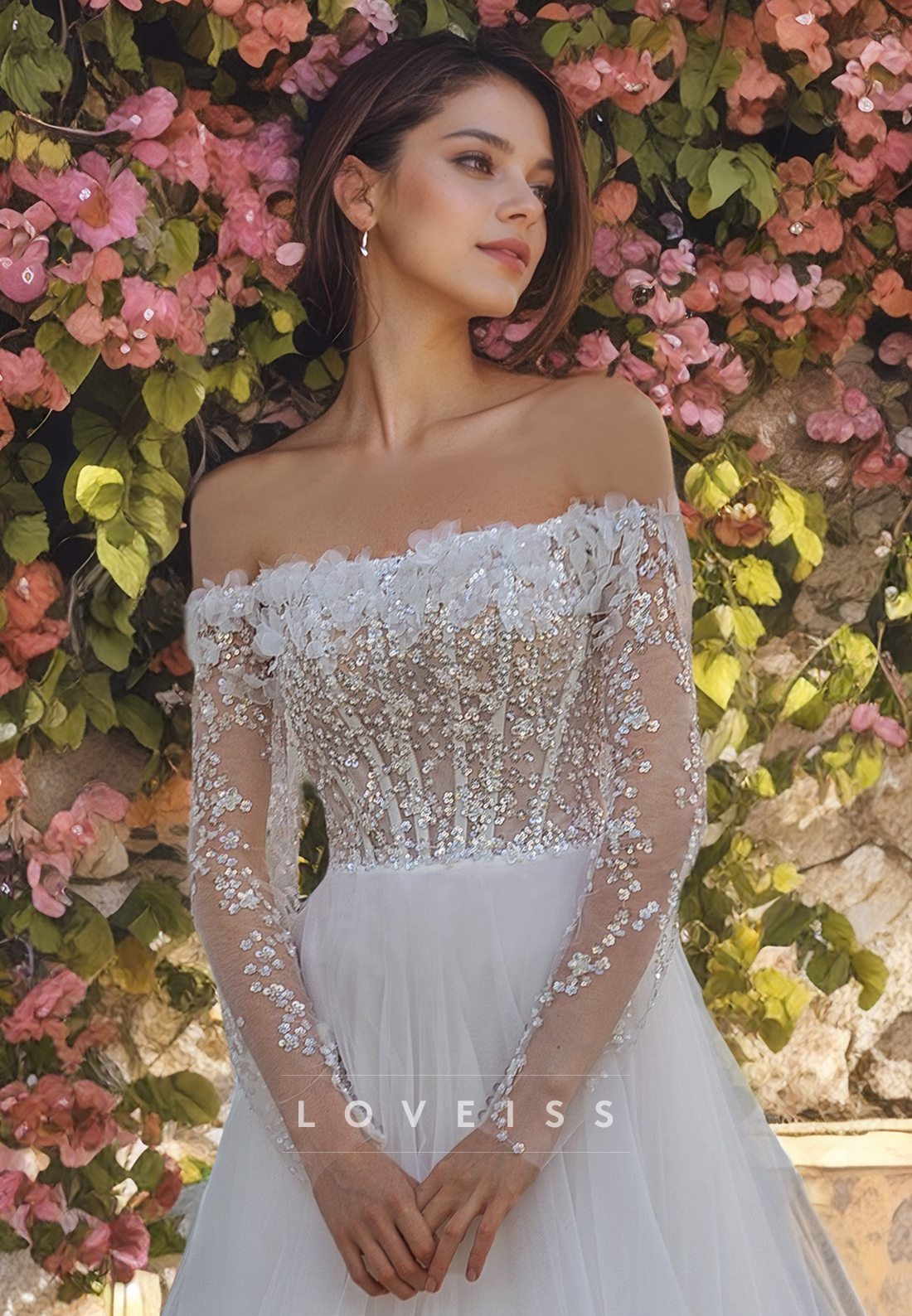 Off-Shoulder Long Sleeves Appliques Tulle A-Line Wedding Dress