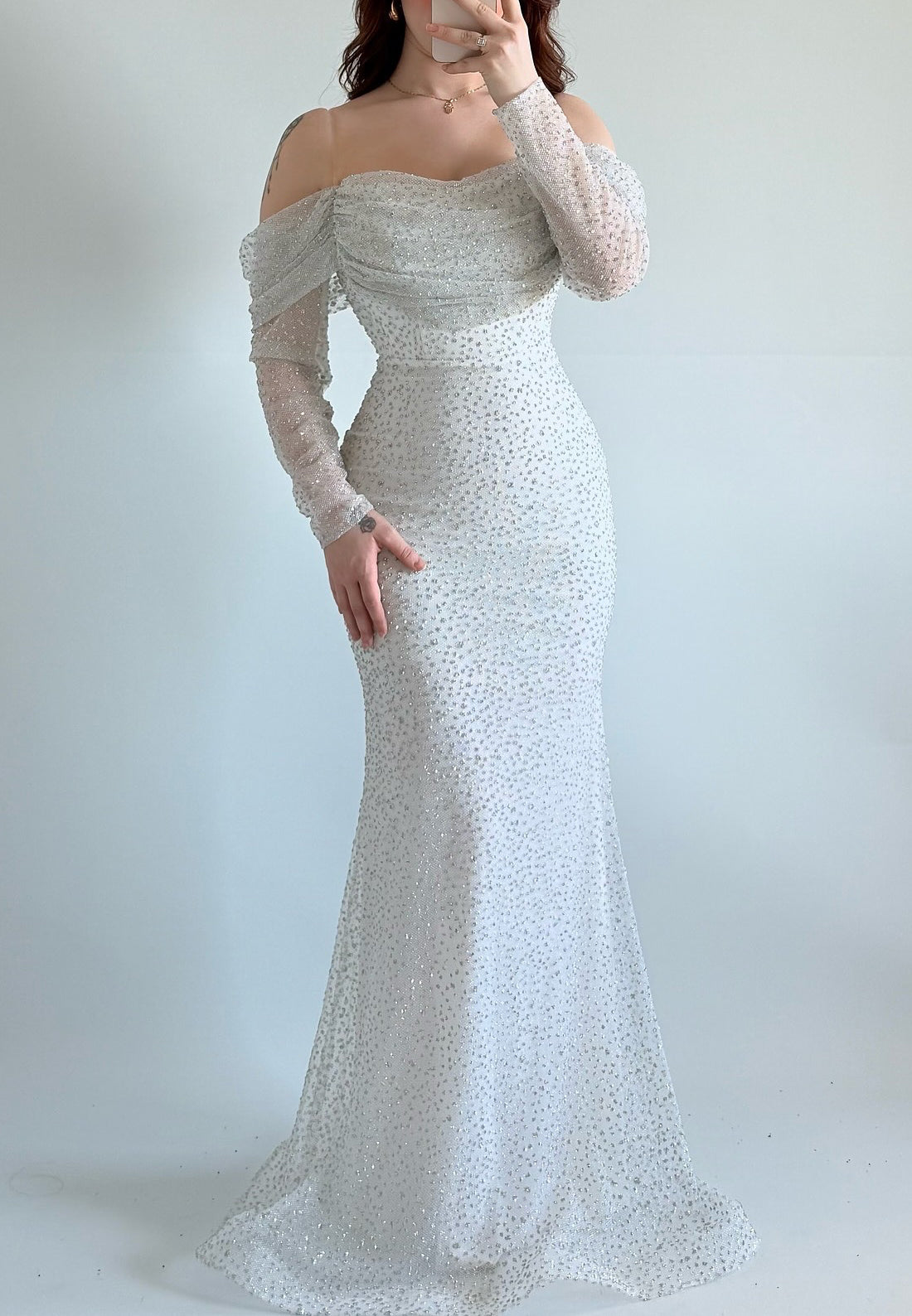 Off-Shoulder Long Sleeves Beaded Emboridery Mermaid Formal Dress