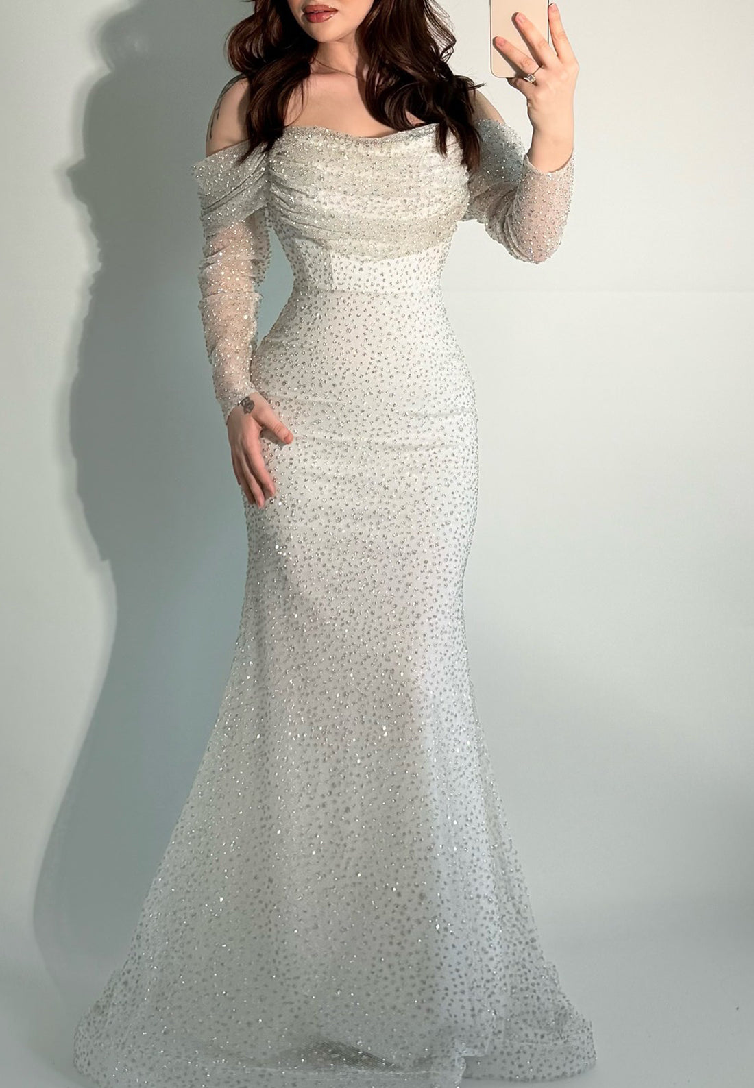 Off-Shoulder Long Sleeves Beaded Emboridery Mermaid Formal Dress