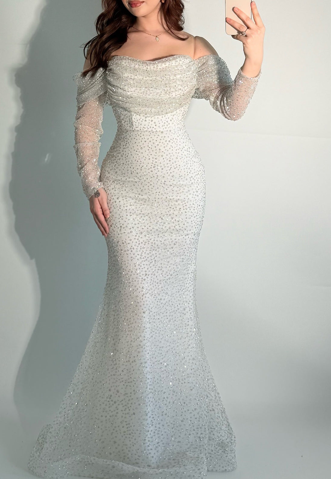 Off-Shoulder Long Sleeves Beaded Emboridery Mermaid Formal Dress