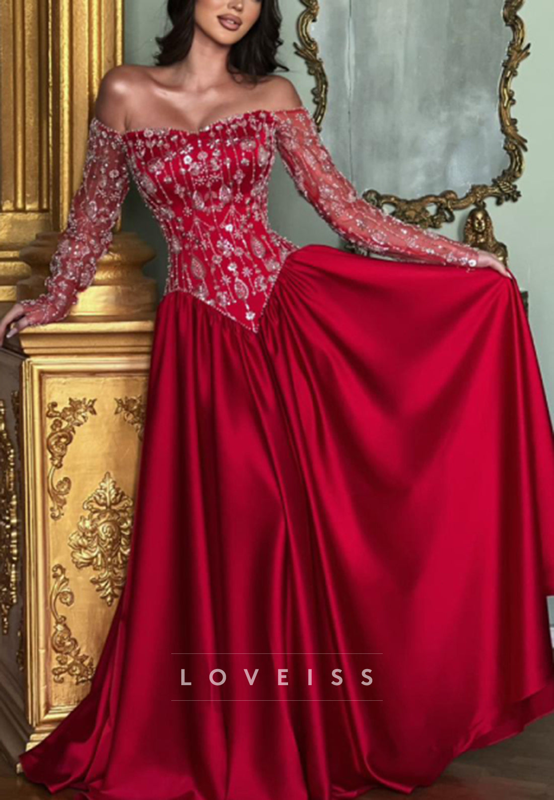 Off-Shoulder Long Sleeves Beaded Embroidery A-Line Prom Dress