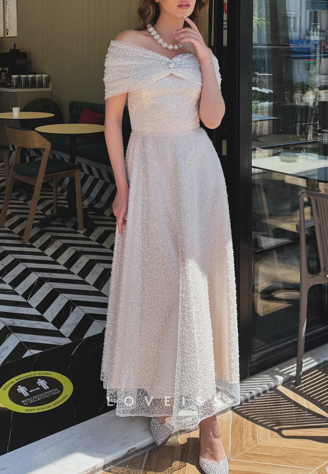 Off-Shoulder Long Sleeves Beaded Embroidery A-Line Wedding Dress