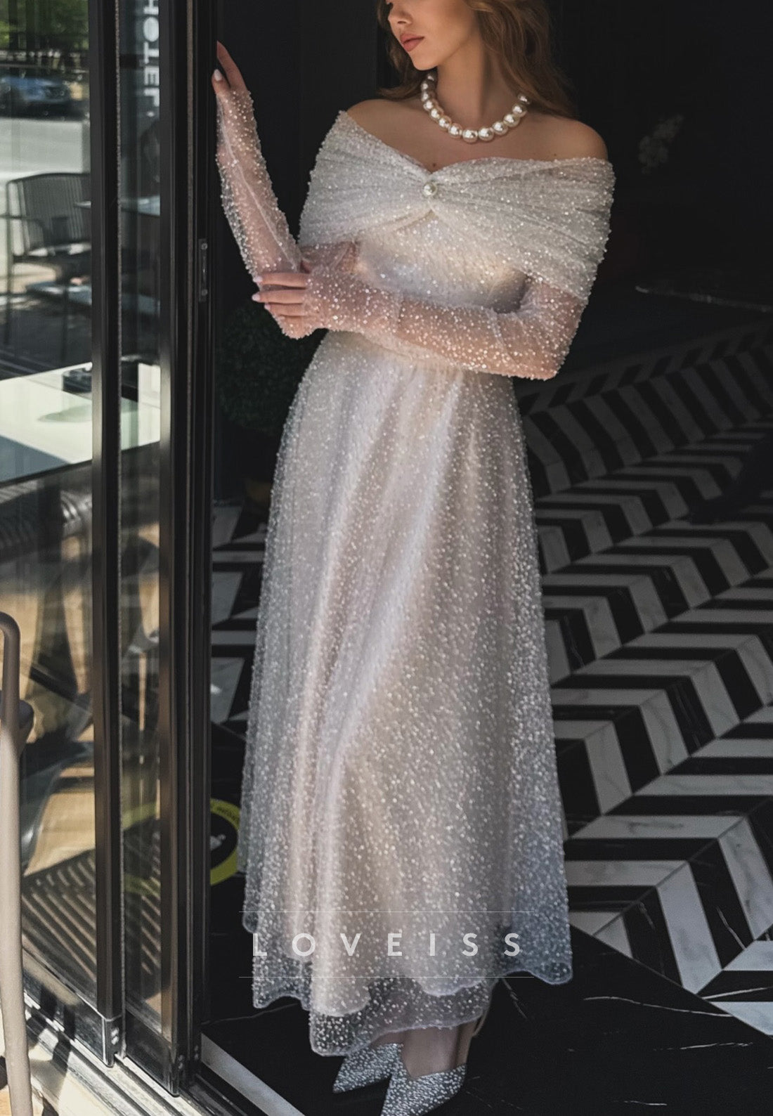 Off-Shoulder Long Sleeves Beaded Embroidery A-Line Wedding Dress