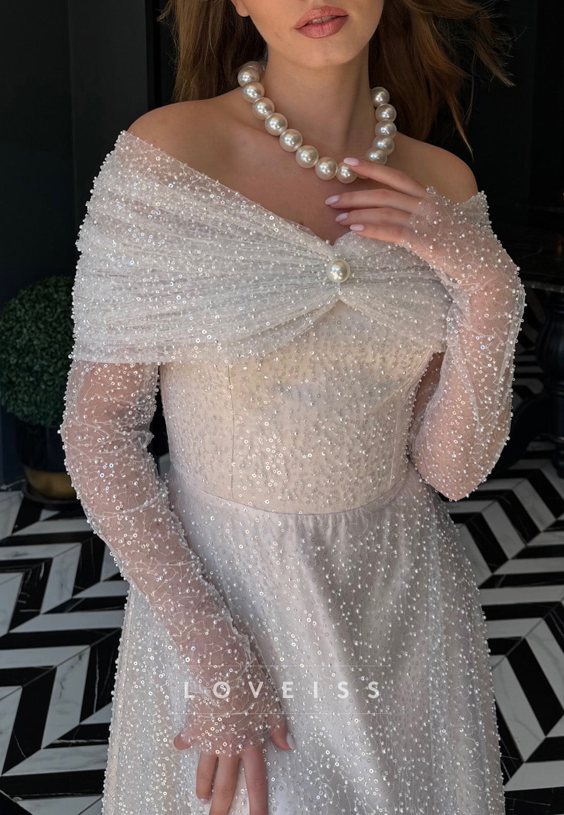 Off-Shoulder Long Sleeves Beaded Embroidery A-Line Wedding Dress