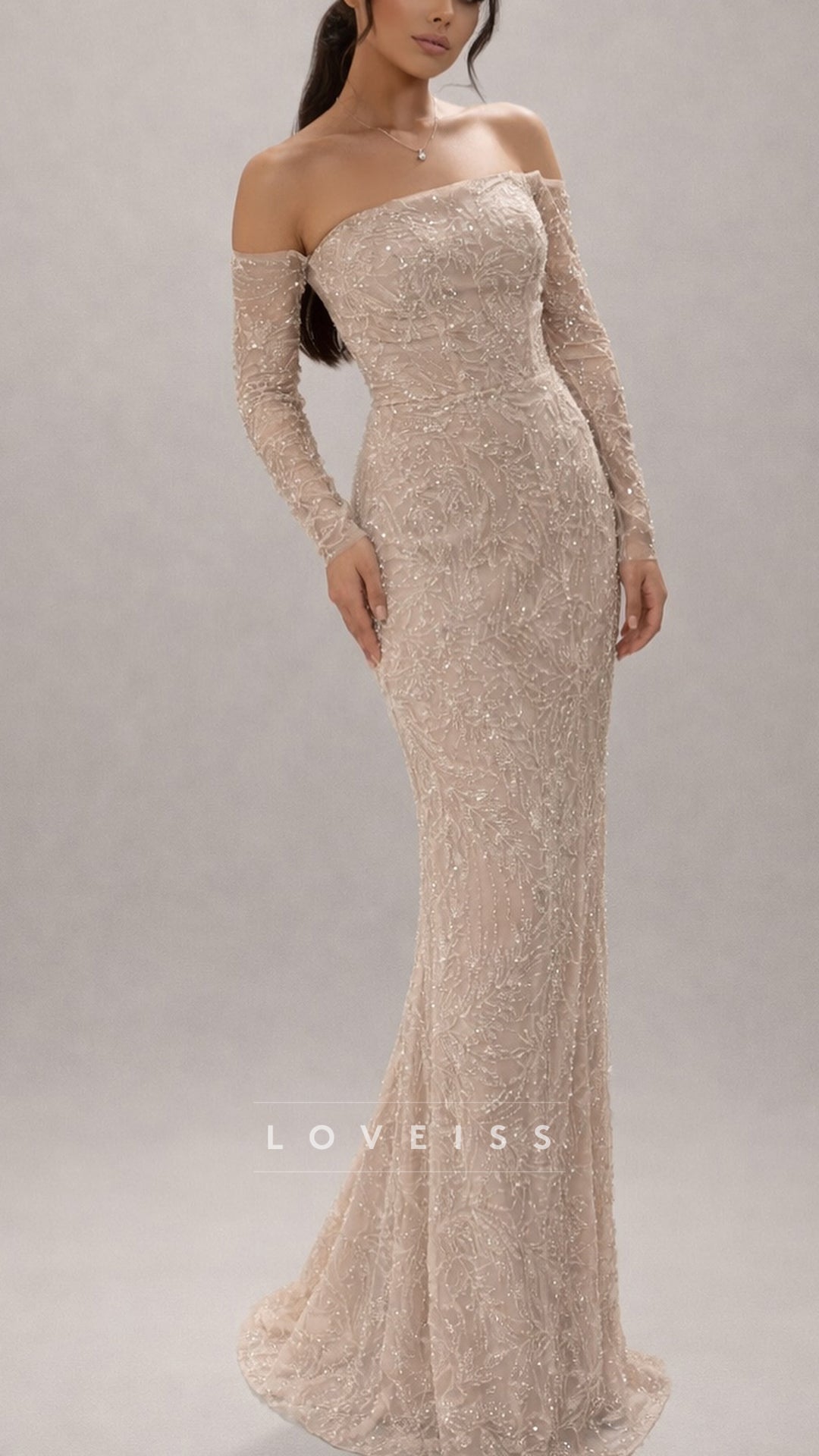 Off-Shoulder Long Sleeves Beaded Embroidery Mermaid Evening Dress