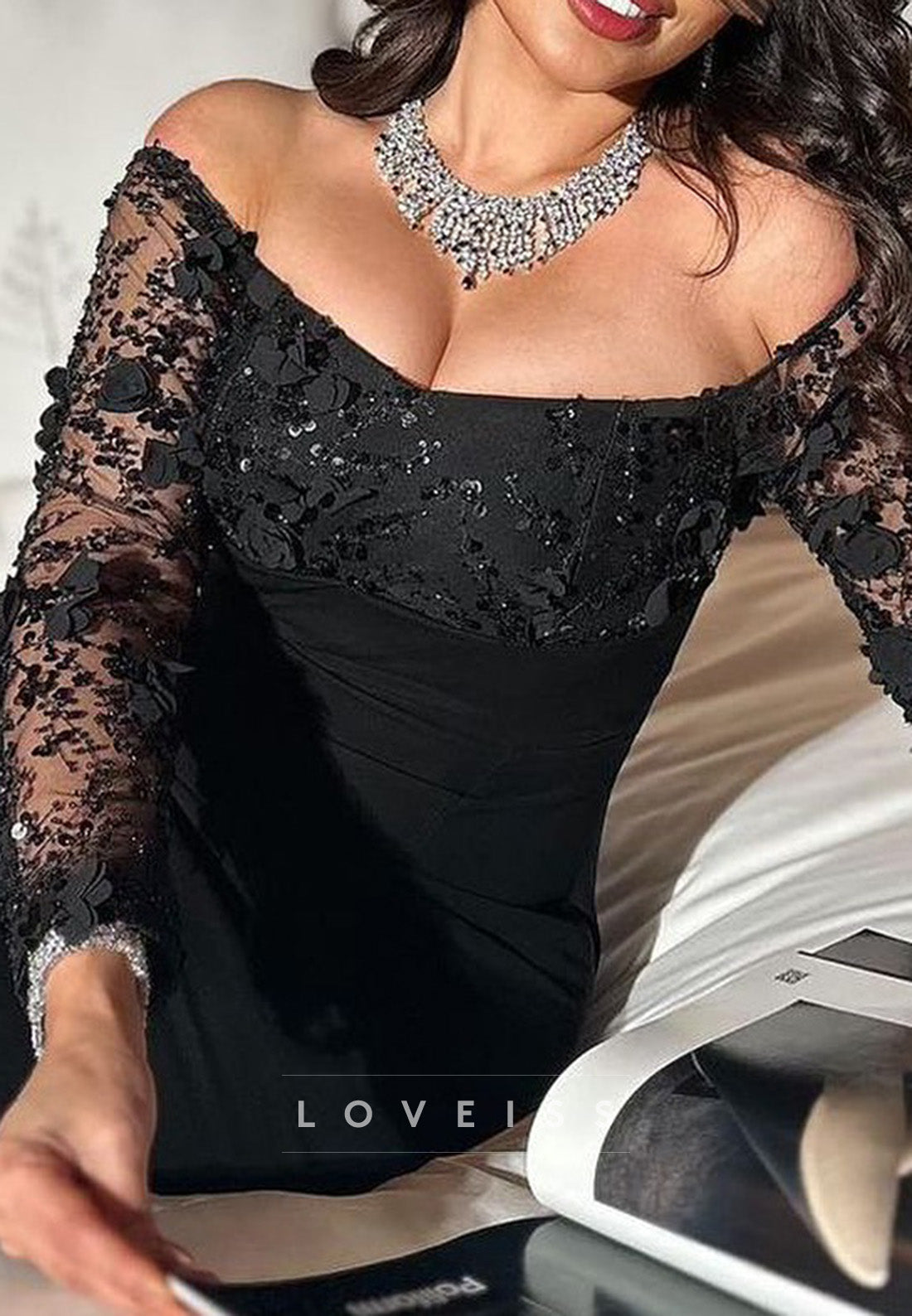 Off-Shoulder Long Sleeves Beaded Embroidery Mermaid Evening Dress