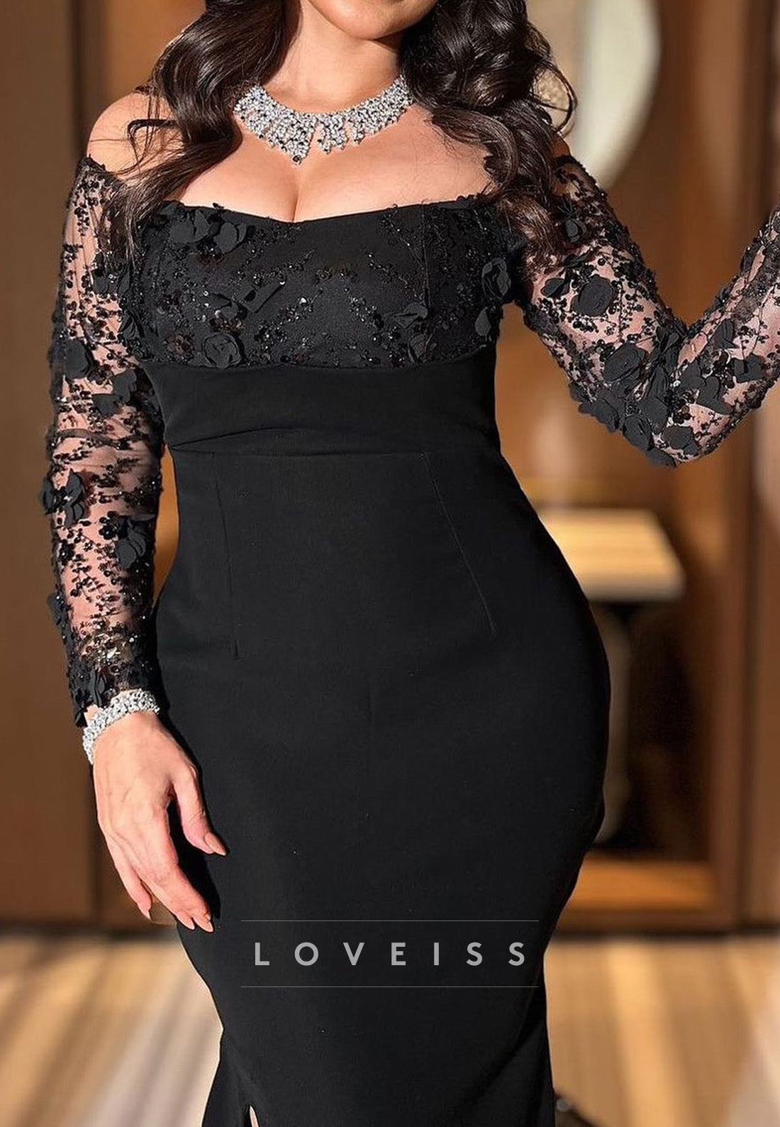 Off-Shoulder Long Sleeves Beaded Embroidery Mermaid Evening Dress