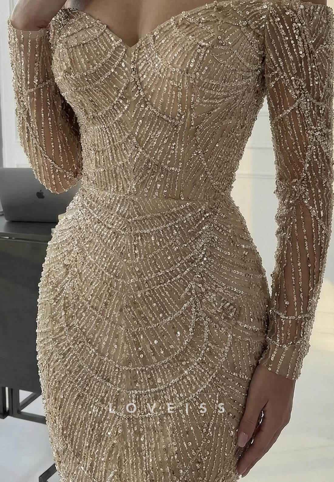 Off-Shoulder Long Sleeves Beaded Embroidery Mermaid Prom Dress