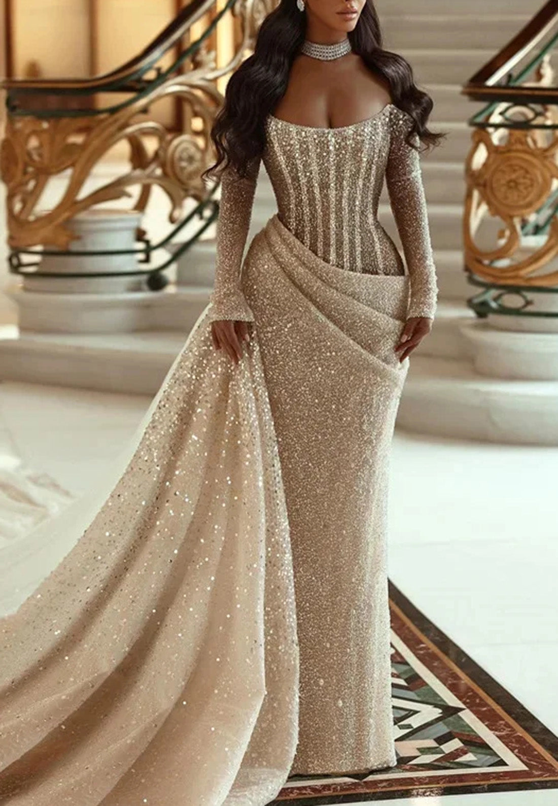 Off-Shoulder Long Sleeves Beaded Embroidery Mermaid Wedding Dress