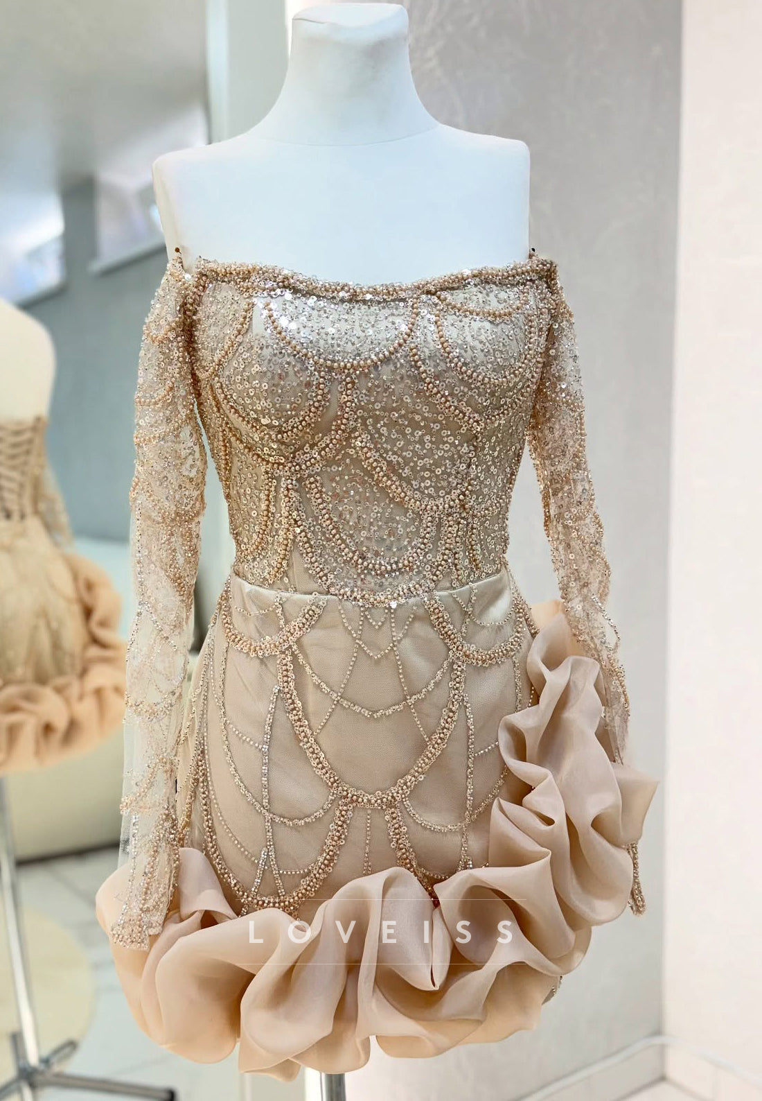 Off-Shoulder Long Sleeves Beaded Embroidery Ruched Sheath Party Homecoming Dress