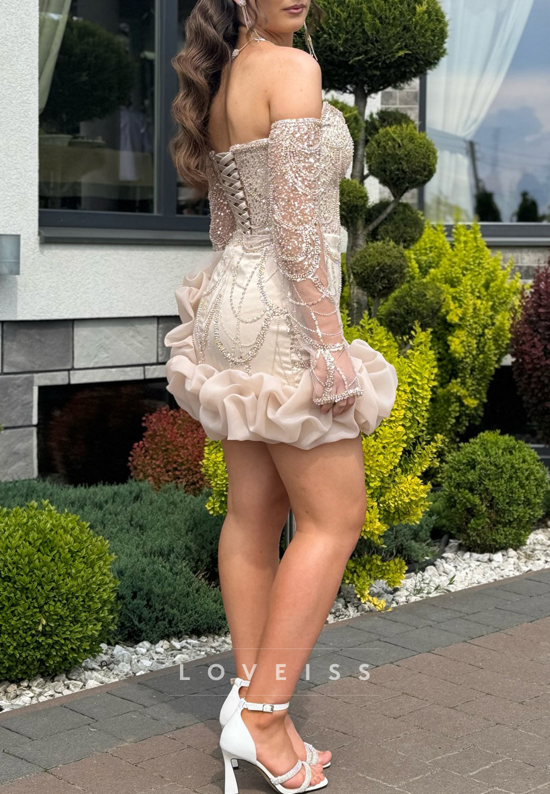 Off-Shoulder Long Sleeves Beaded Embroidery Ruched Sheath Party Homecoming Dress