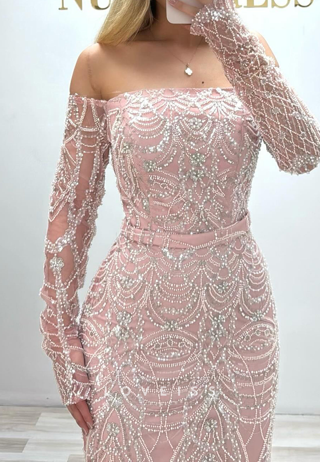 Off-Shoulder Long Sleeves Beaded Embroidery Sheath Evening Dress