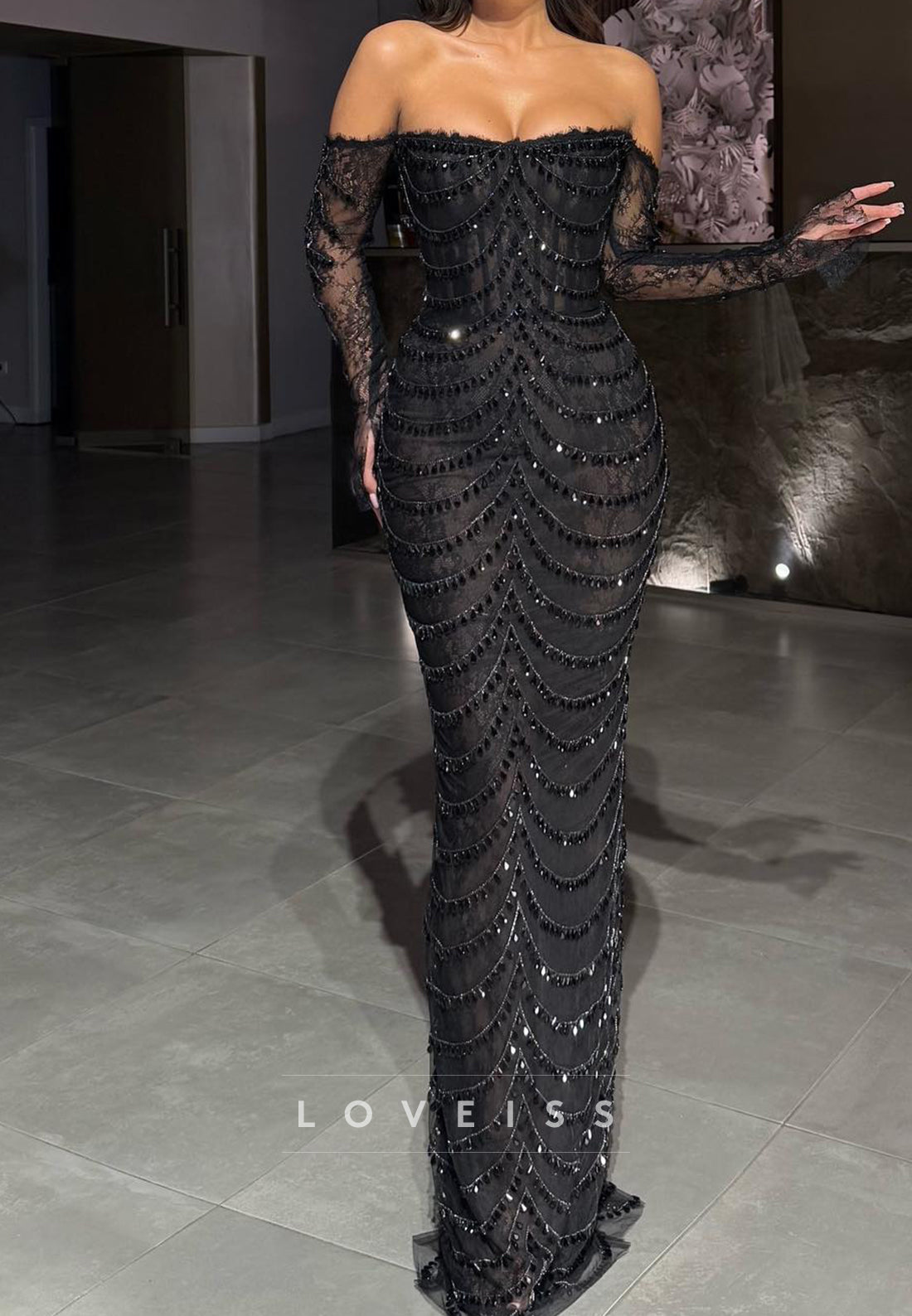 Off-Shoulder Long Sleeves Beaded Frindge Mermaid Prom Dress