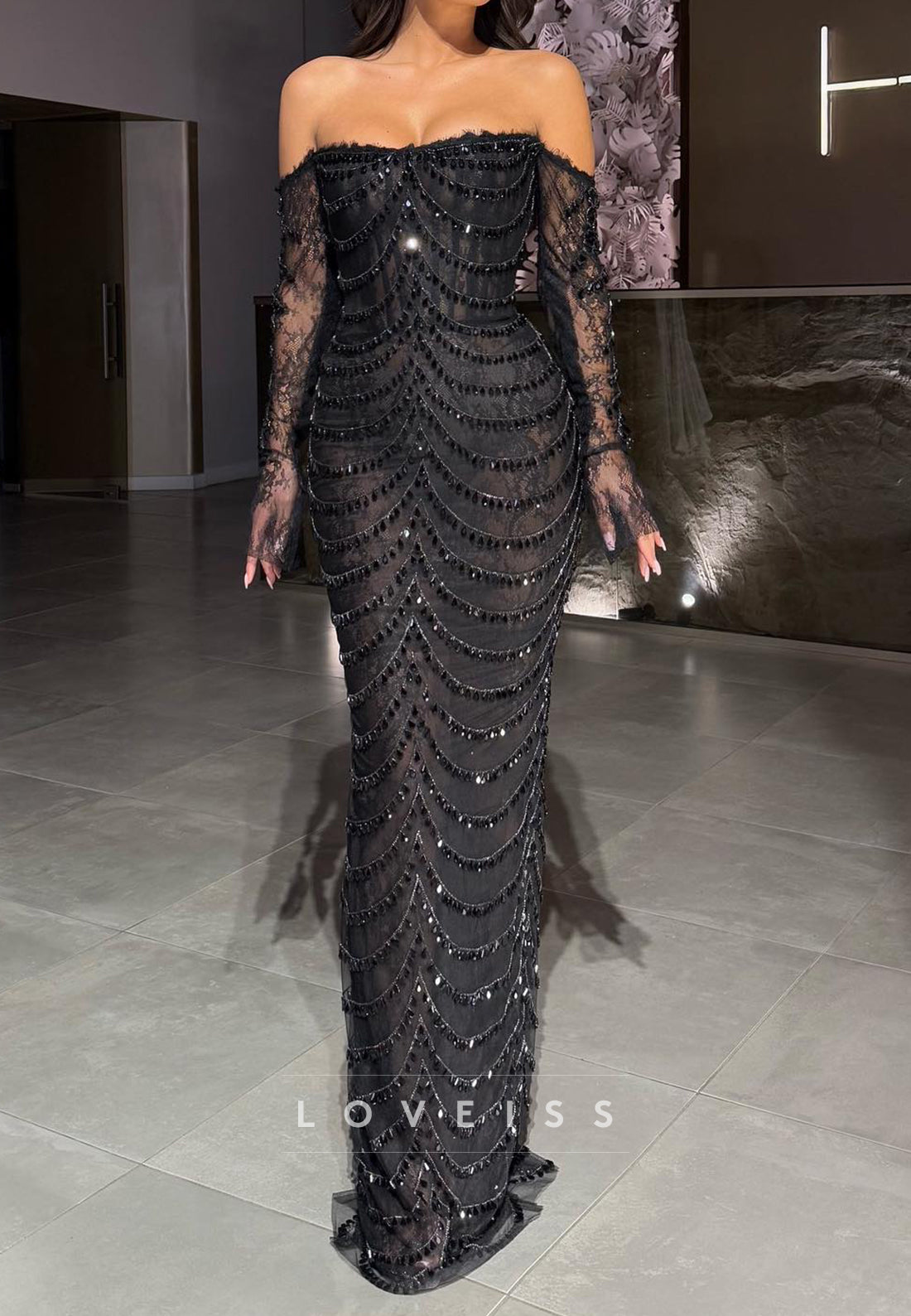 Off-Shoulder Long Sleeves Beaded Frindge Mermaid Prom Dress