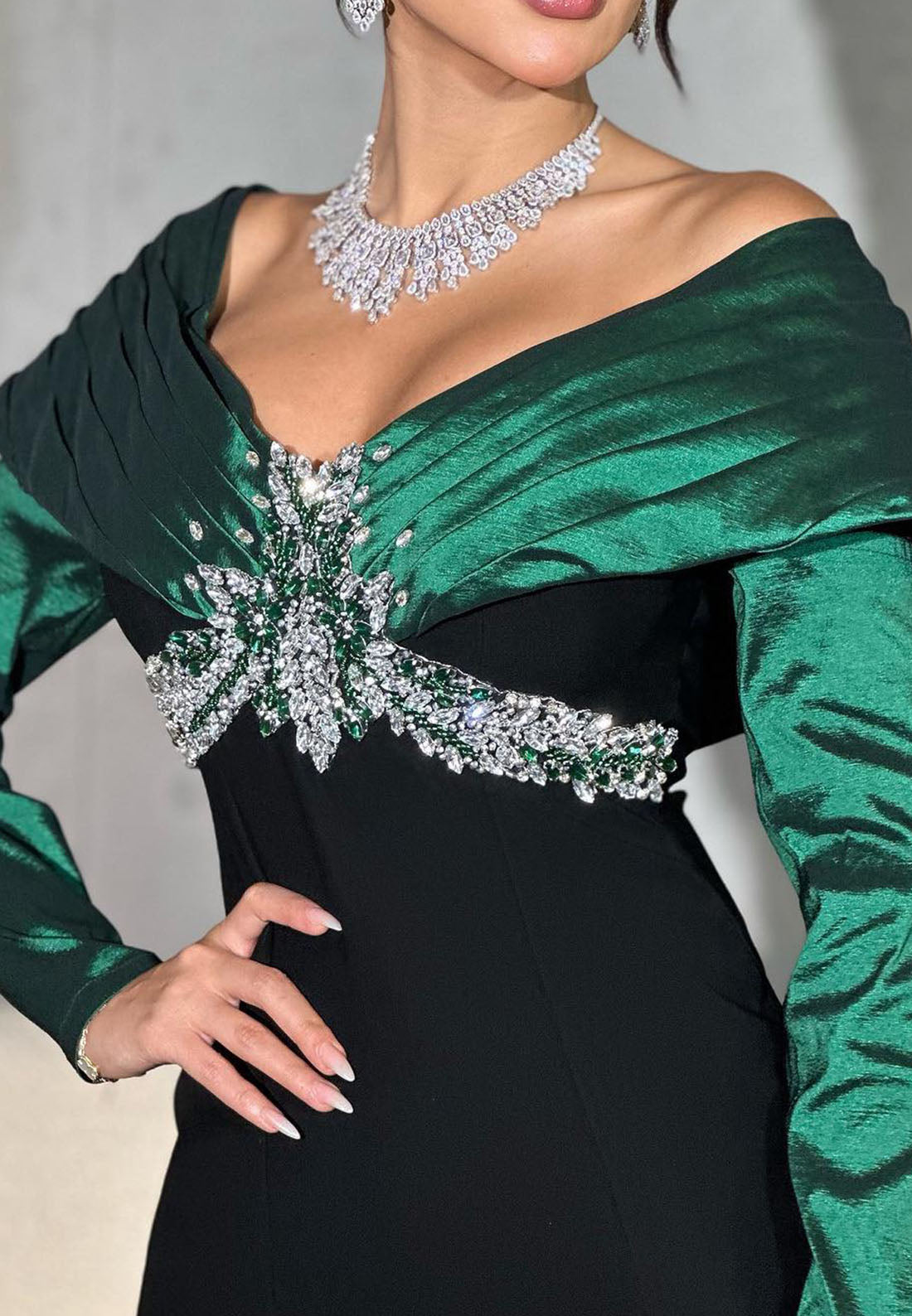 Off-Shoulder Long Sleeves Beaded Mermaid Evening Dress