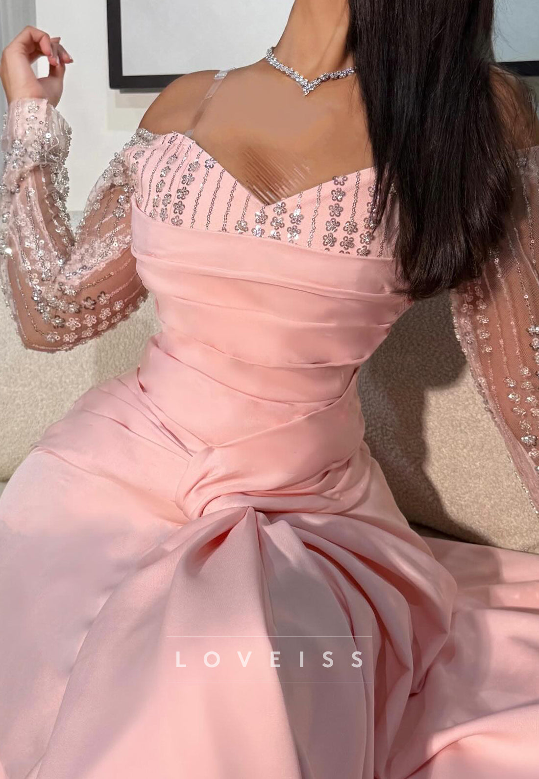 Off-Shoulder Long Sleeves Beaded Mermaid Evening Dress