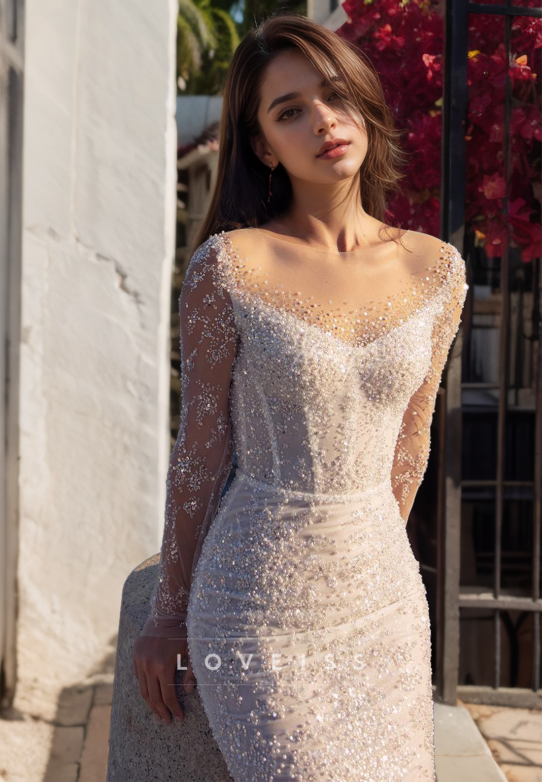Off-Shoulder Long Sleeves Beaded Mermaid Wedding Dress