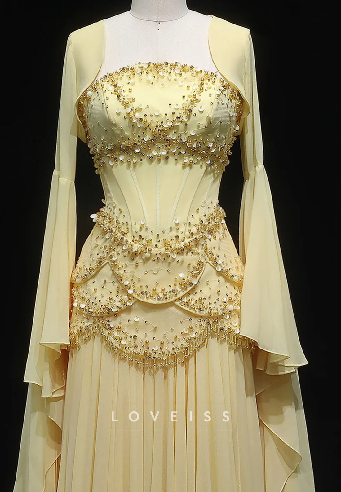 Square Long Sleeves Beaded Pleated A-Line Prom Evening Dress