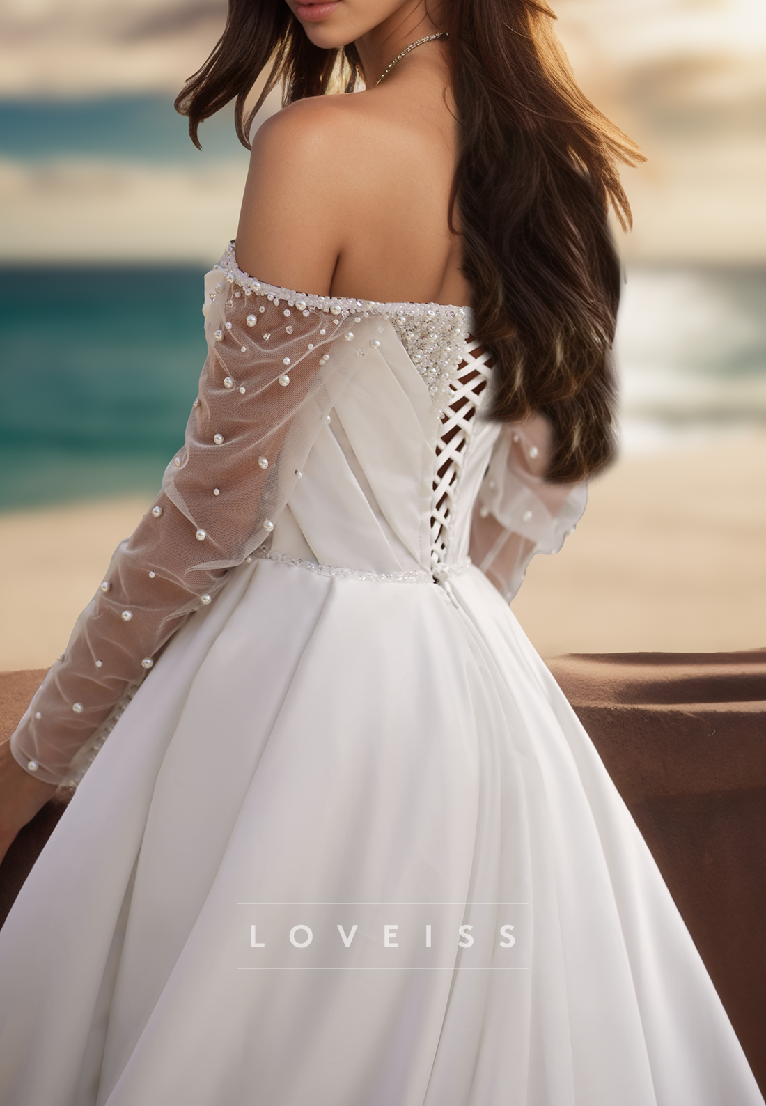 Off-Shoulder Long Sleeves Beaded Pleated A-Line Wedding Dress