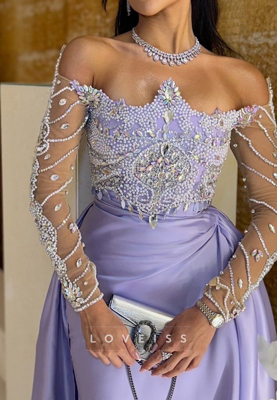 Off-Shoulder Long Sleeves Beaded Ruched Sheath Prom Dress