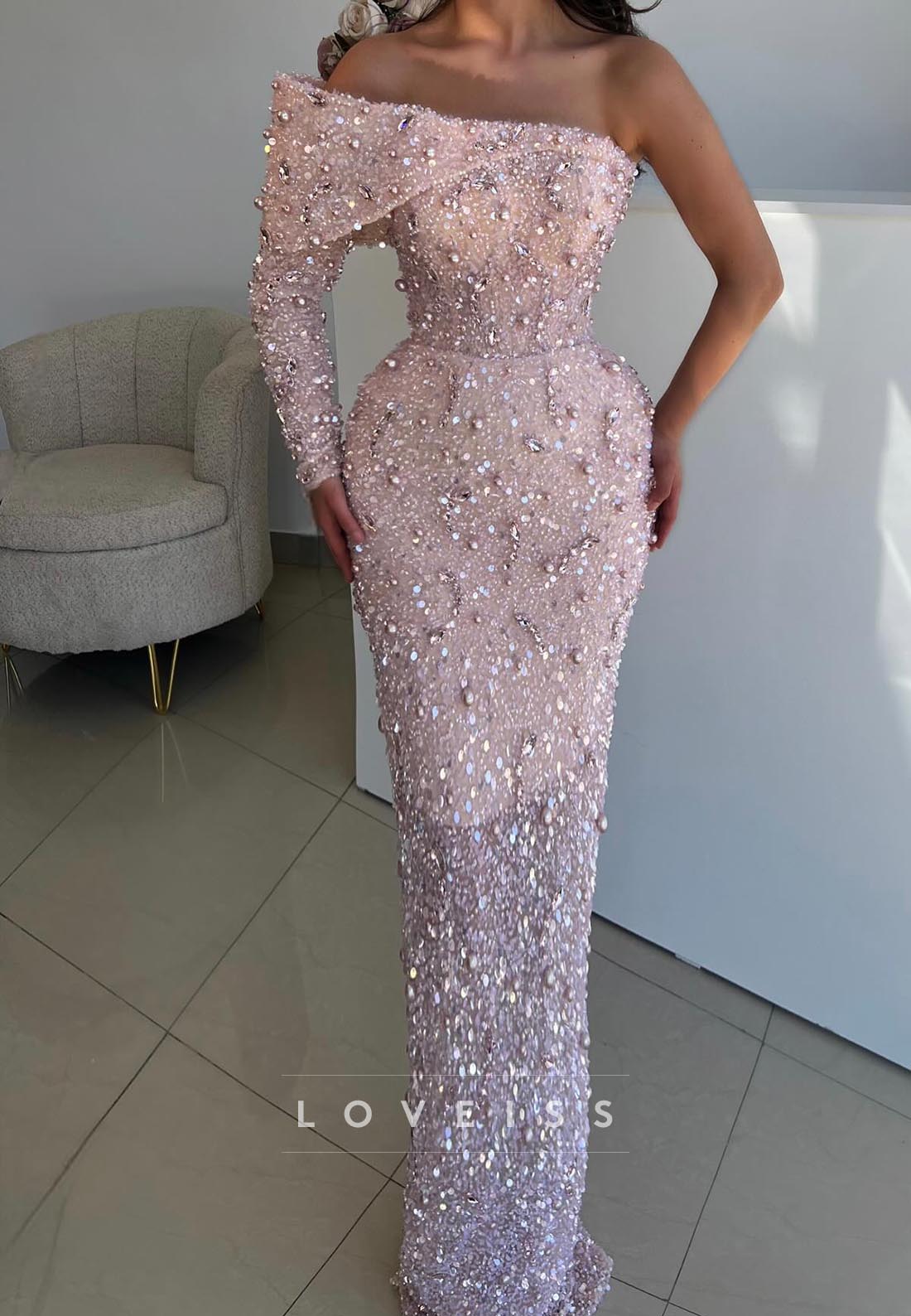 Off-Shoulder Long Sleeves Beaded Sequins Sheath Prom Dress