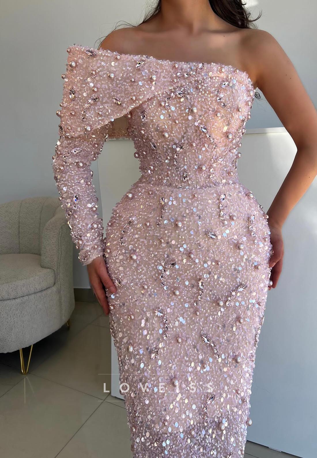 Off-Shoulder Long Sleeves Beaded Sequins Sheath Prom Dress