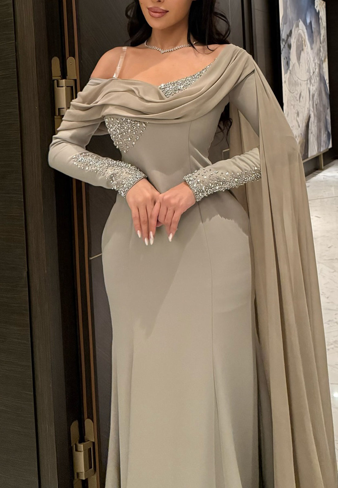Off-Shoulder Long Sleeves Beaded Sleek Mermaid Evening Dress