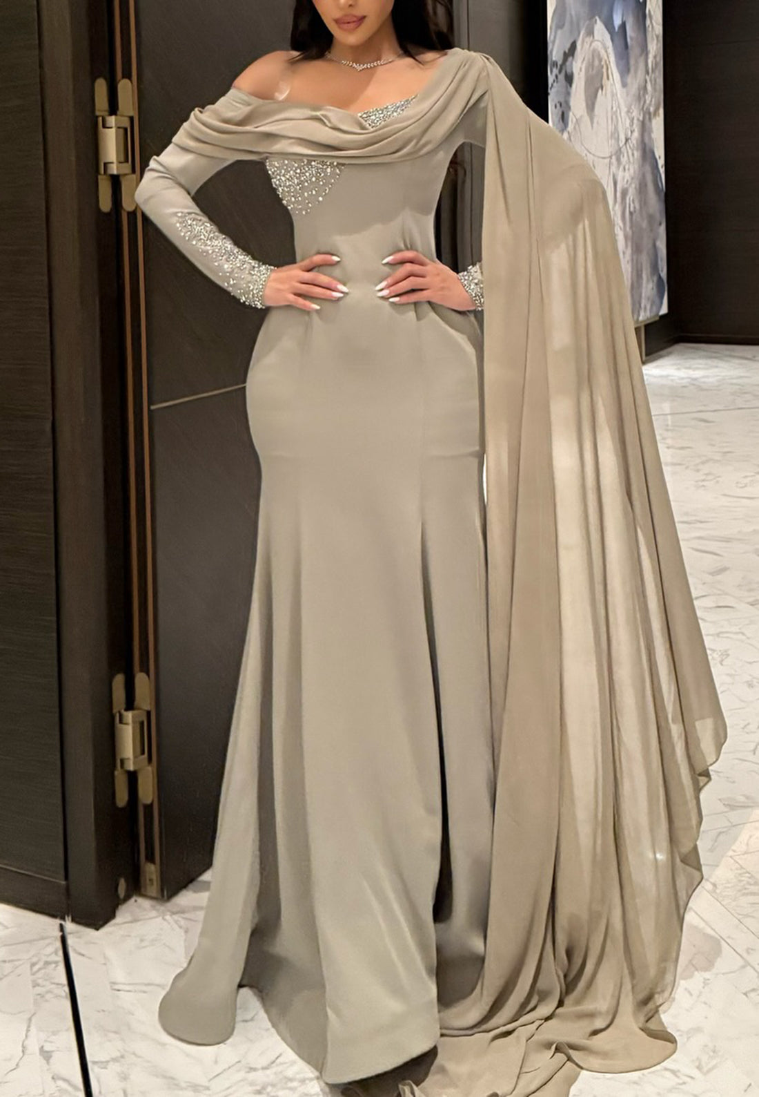 Off-Shoulder Long Sleeves Beaded Sleek Mermaid Evening Dress