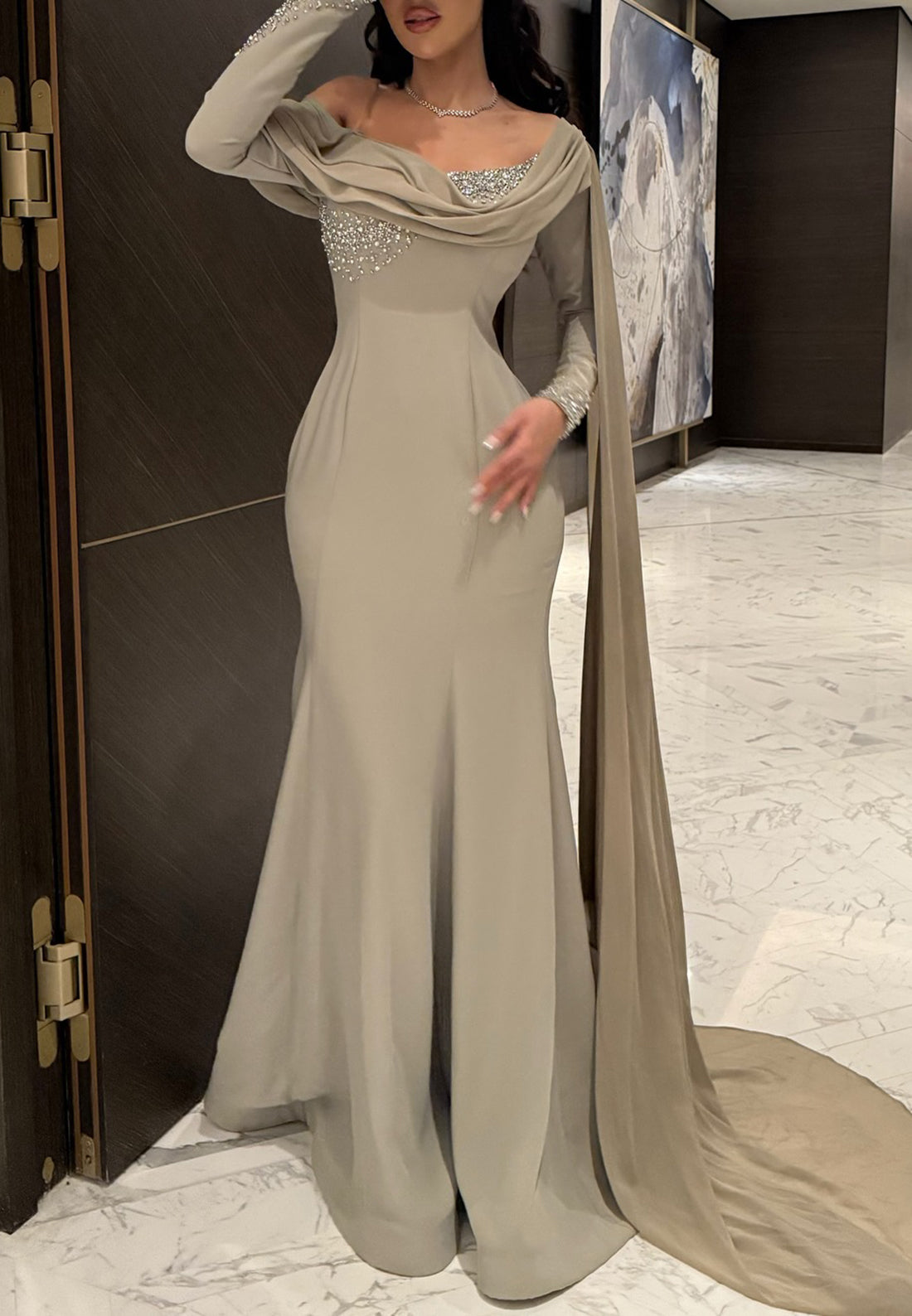 Off-Shoulder Long Sleeves Beaded Sleek Mermaid Evening Dress