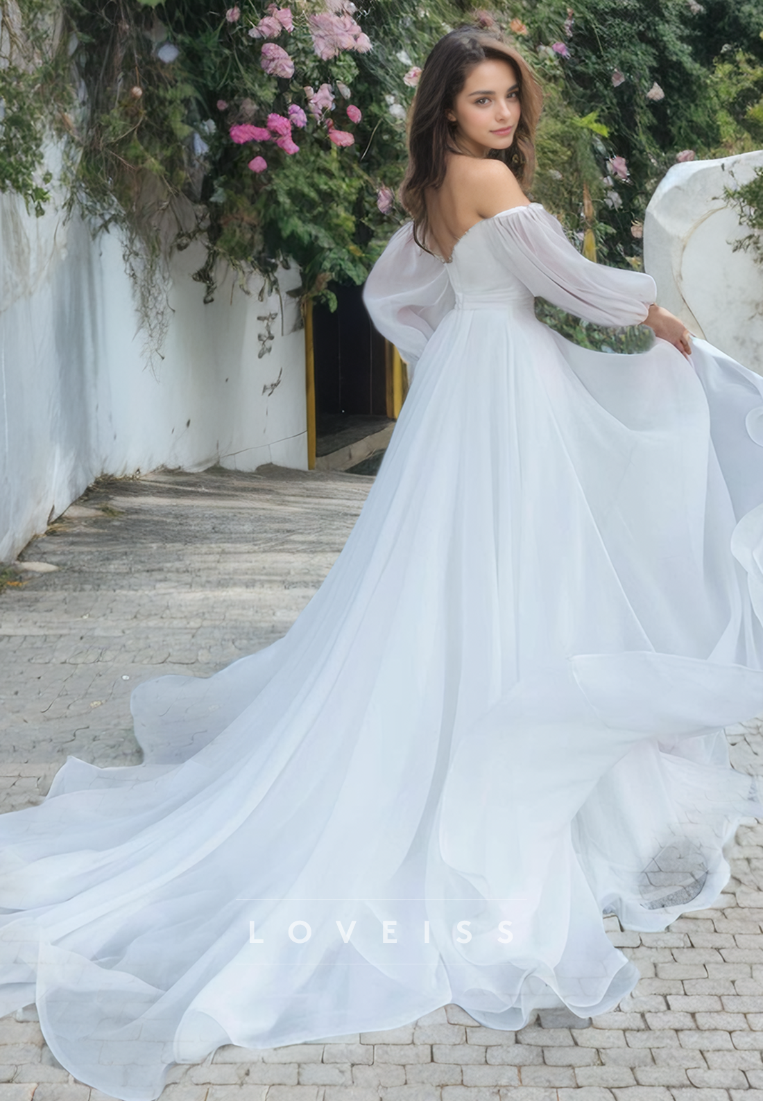 Off-Shoulder Long Sleeves Chiffon A-Lien Beach Wedding Dress