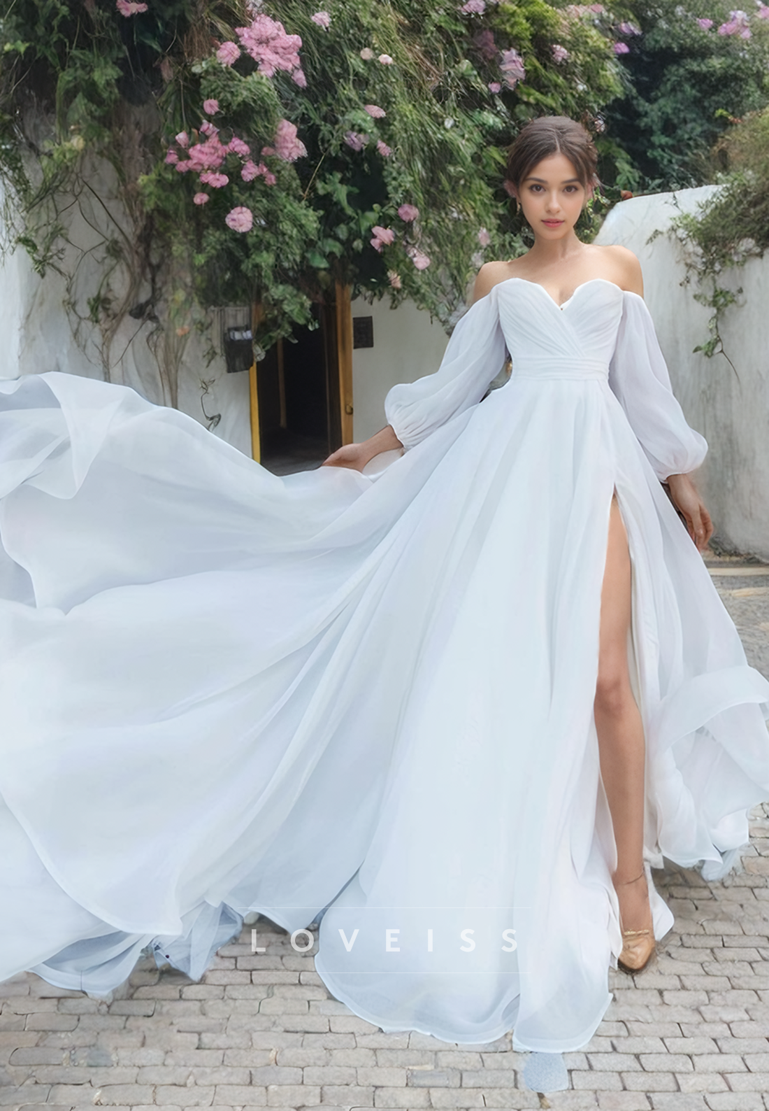 Off-Shoulder Long Sleeves Chiffon A-Lien Beach Wedding Dress