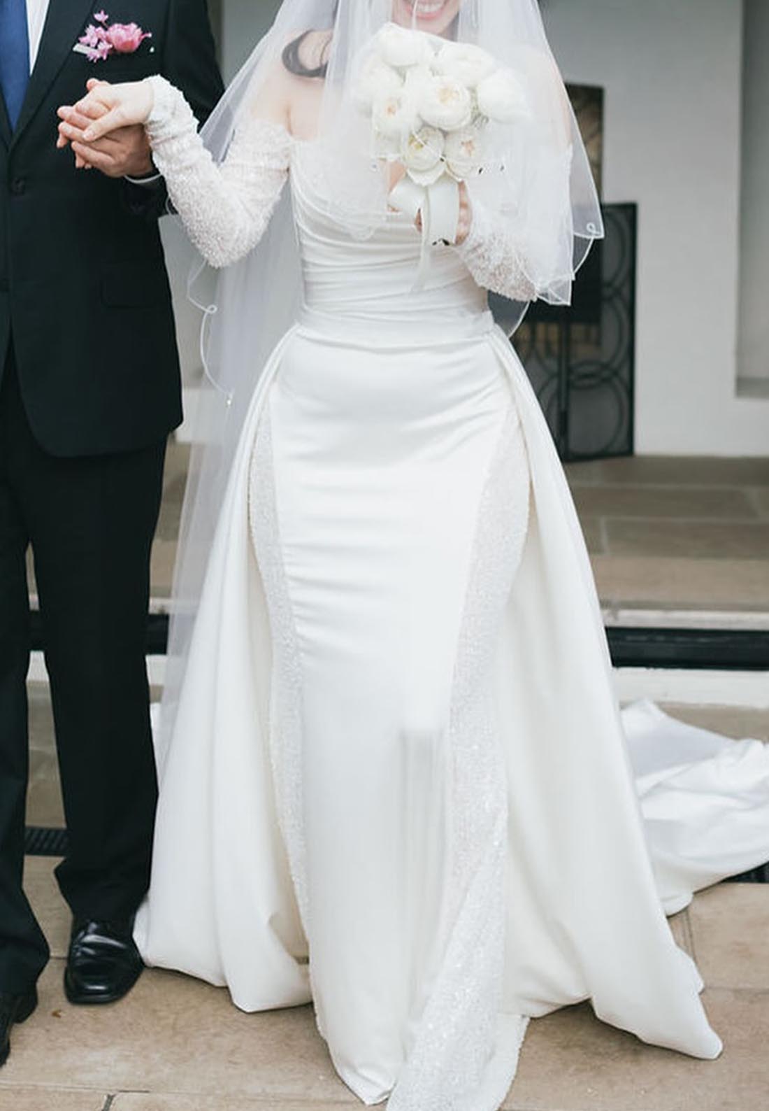 Off-Shoulder Long Sleeves Detachable Train Mermaid Wedding Dress