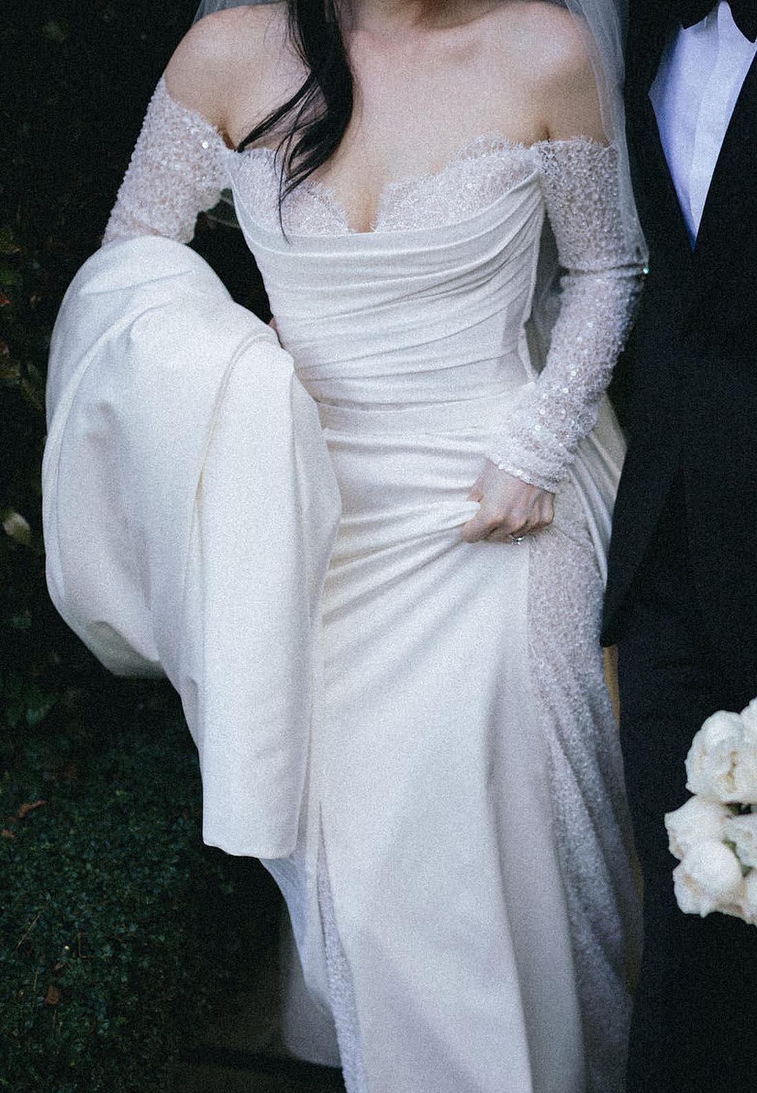 Off-Shoulder Long Sleeves Detachable Train Mermaid Wedding Dress