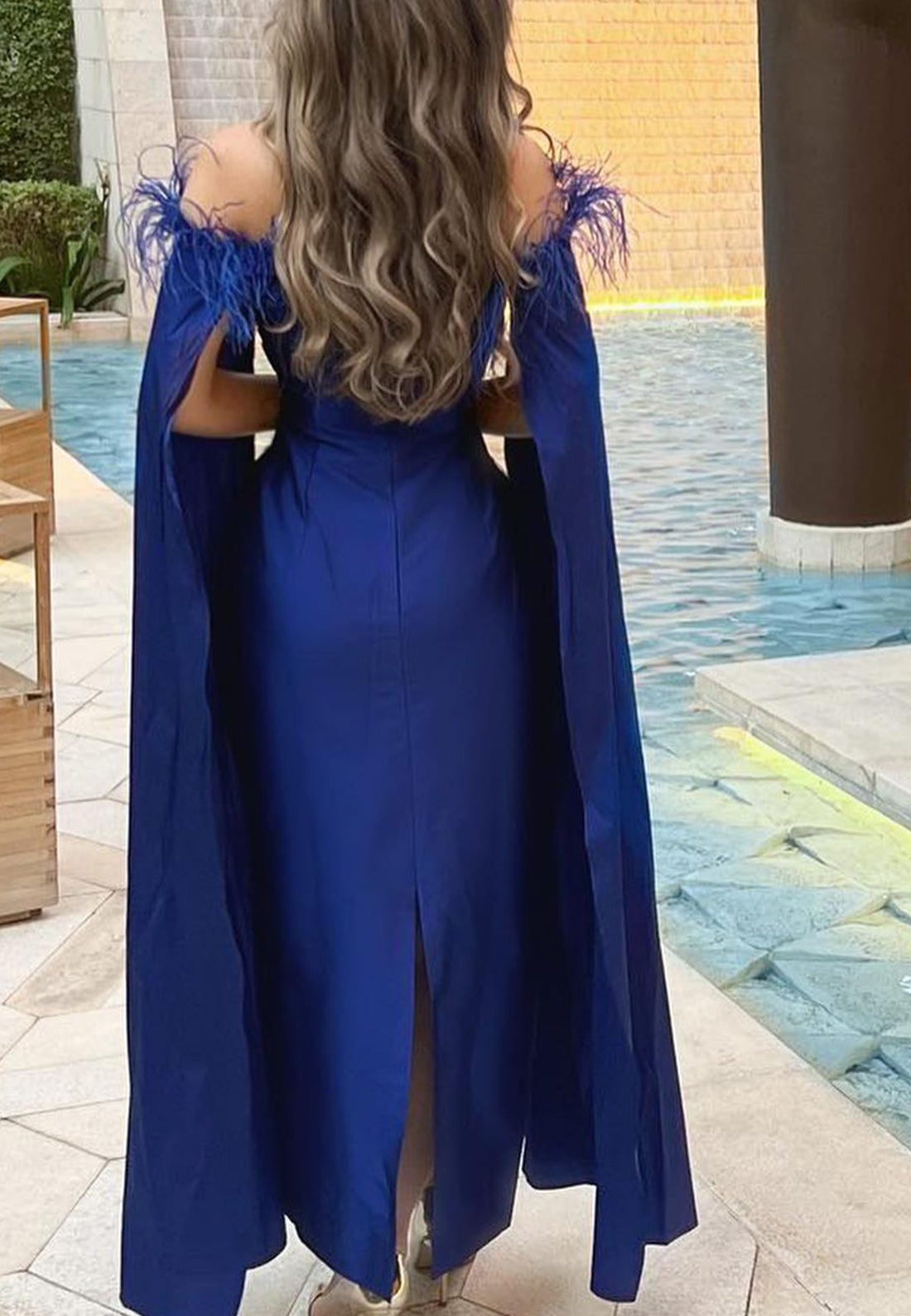 Off-Shoulder Long Sleeves Feathered Sheath Evening Dress Mother of Bride Dress