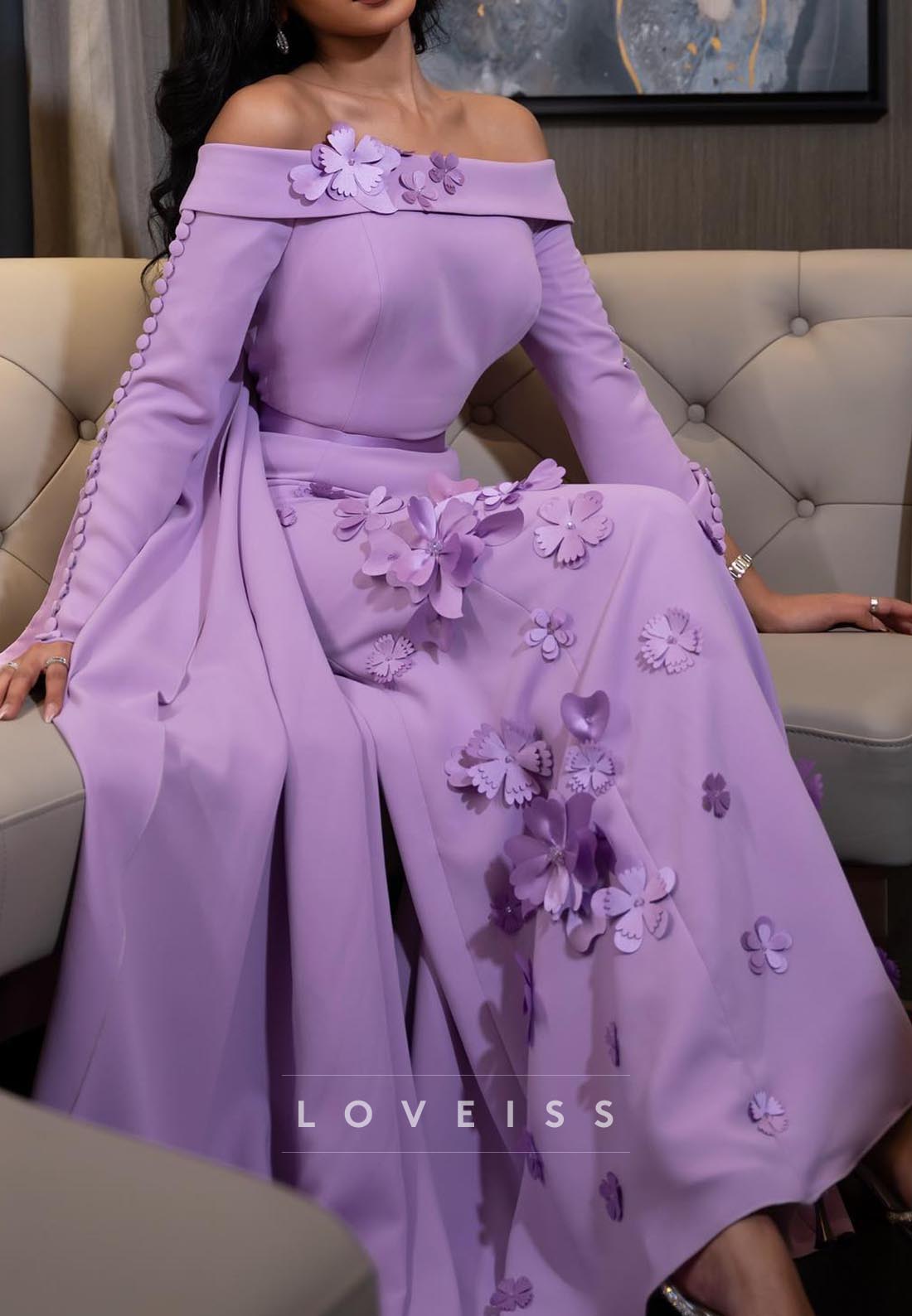 Off-Shoulder Long Sleeves Floral A-Line Formal Dress