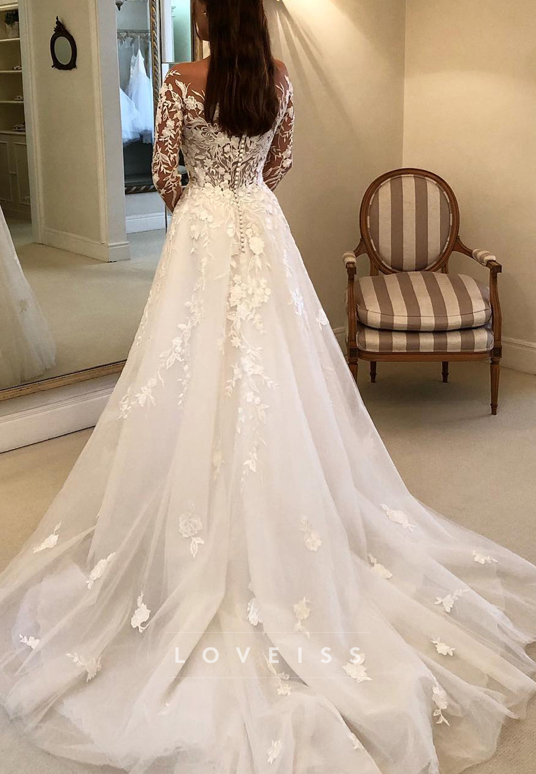 Off-Shoulder Long Sleeves Floral Appliques A-Line Wedding Dress