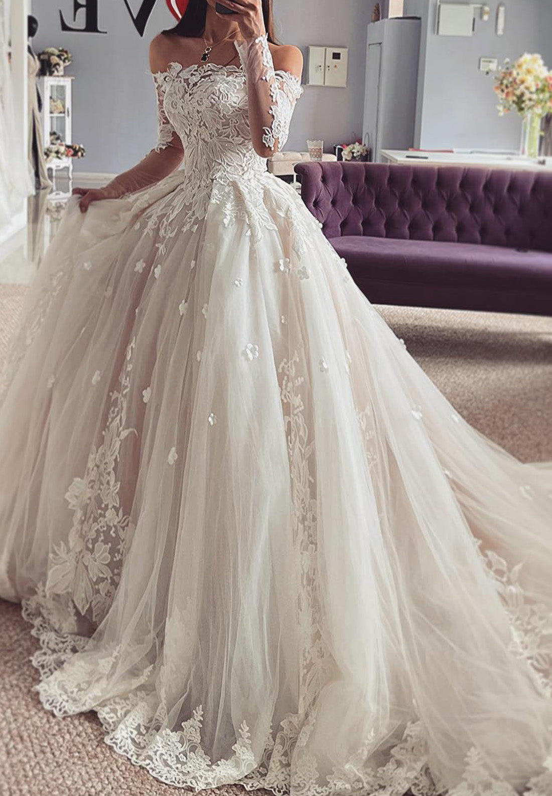 Off-Shoulder Long Sleeves Floral Appliques Ball Gown Wedding Dress