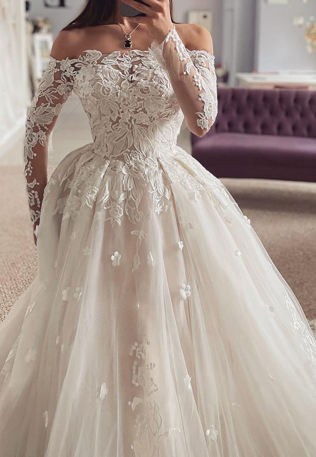 Off-Shoulder Long Sleeves Floral Appliques Ball Gown Wedding Dress