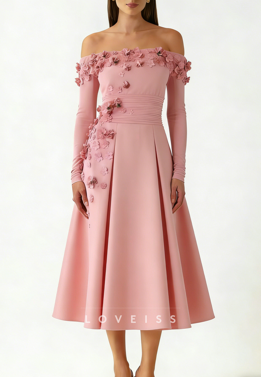 Off-Shoulder Long Sleeves Floral Embellished A-Line Wedding Guest Dress
