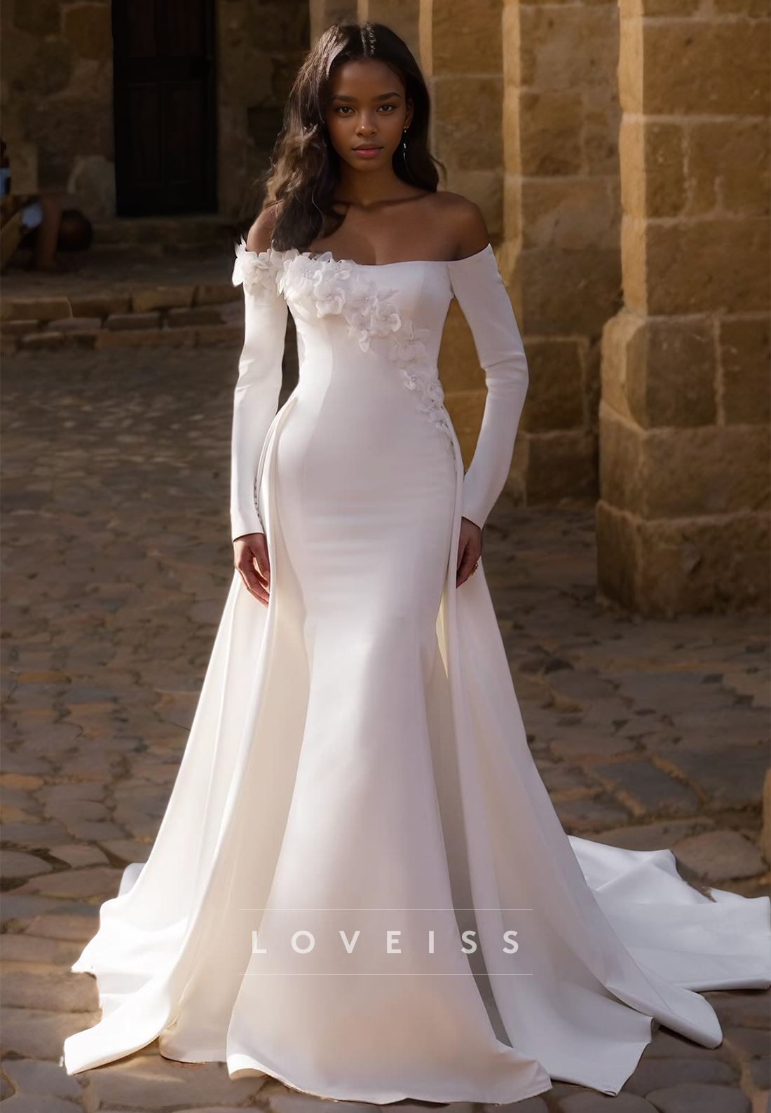 Off-Shoulder Long Sleeves Floral Embellished Mermaid Wedding Dress