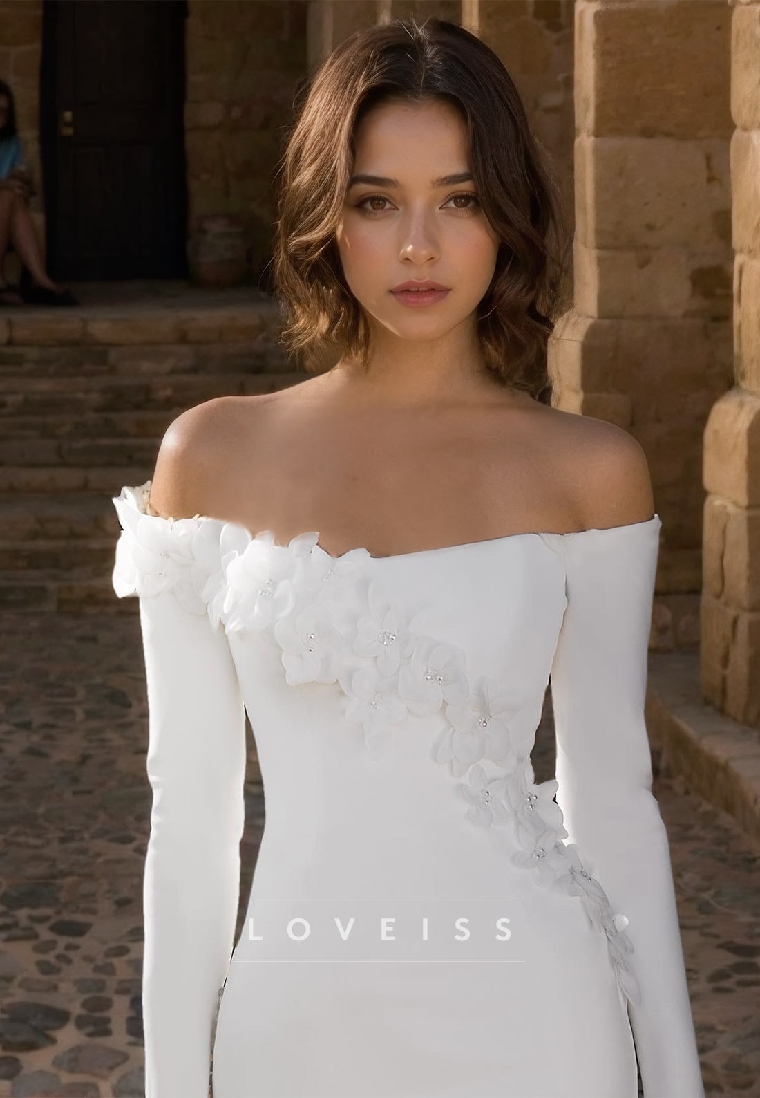 Off-Shoulder Long Sleeves Floral Embellished Mermaid Wedding Dress