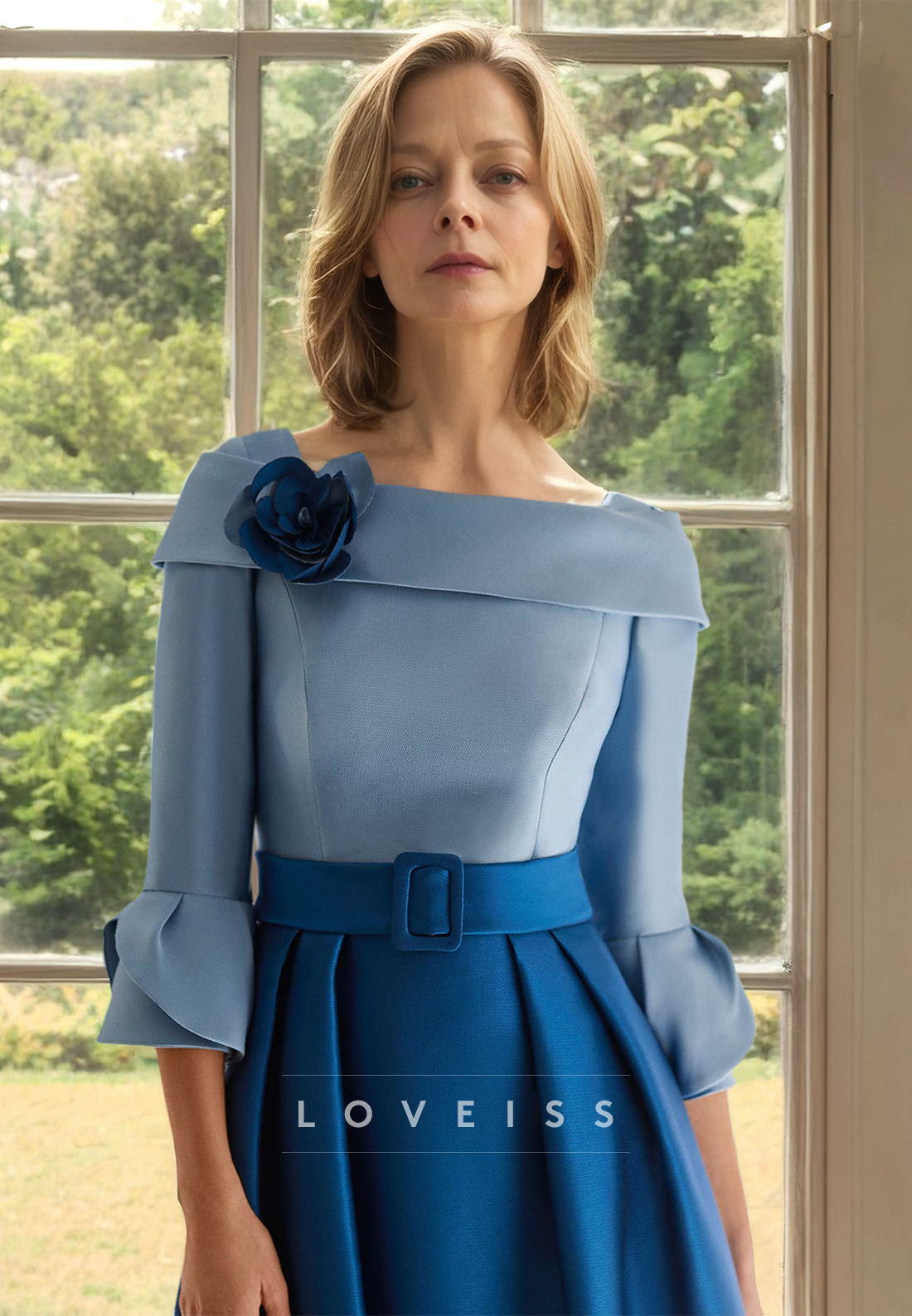 Off-Shoulder Long Sleeves Floral Pleated Satin A-Line Mother of Bride Dress