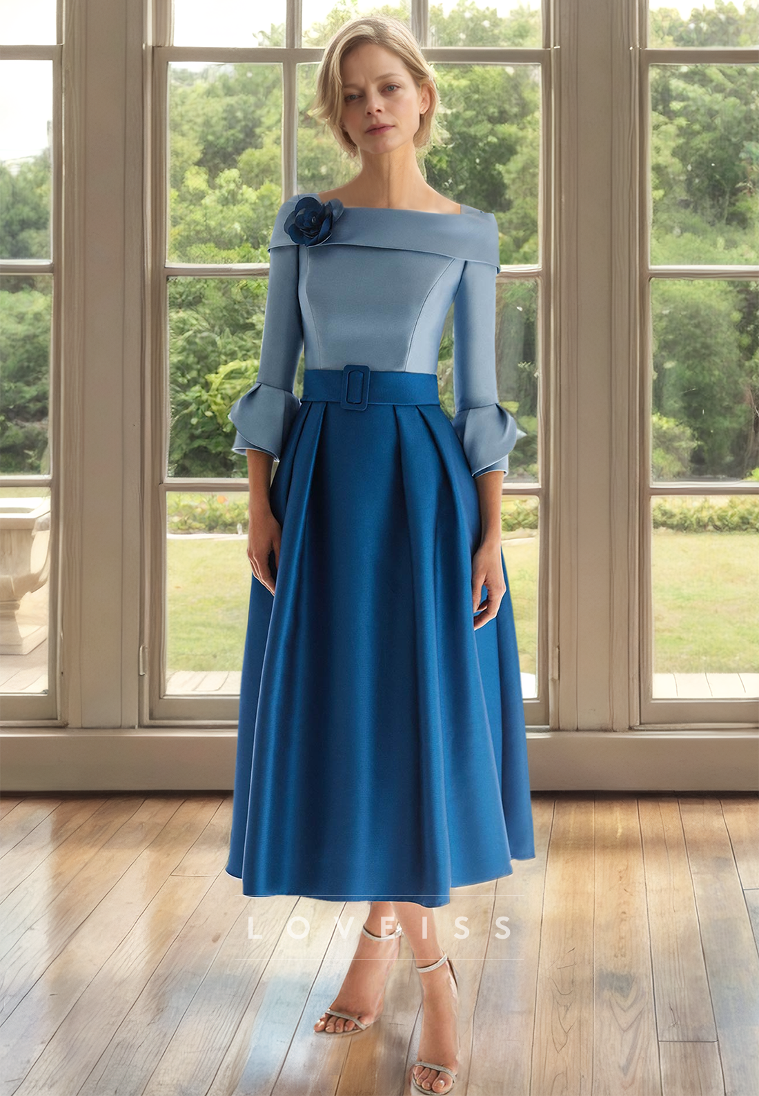 Off-Shoulder Long Sleeves Floral Pleated Satin A-Line Mother of Bride Dress