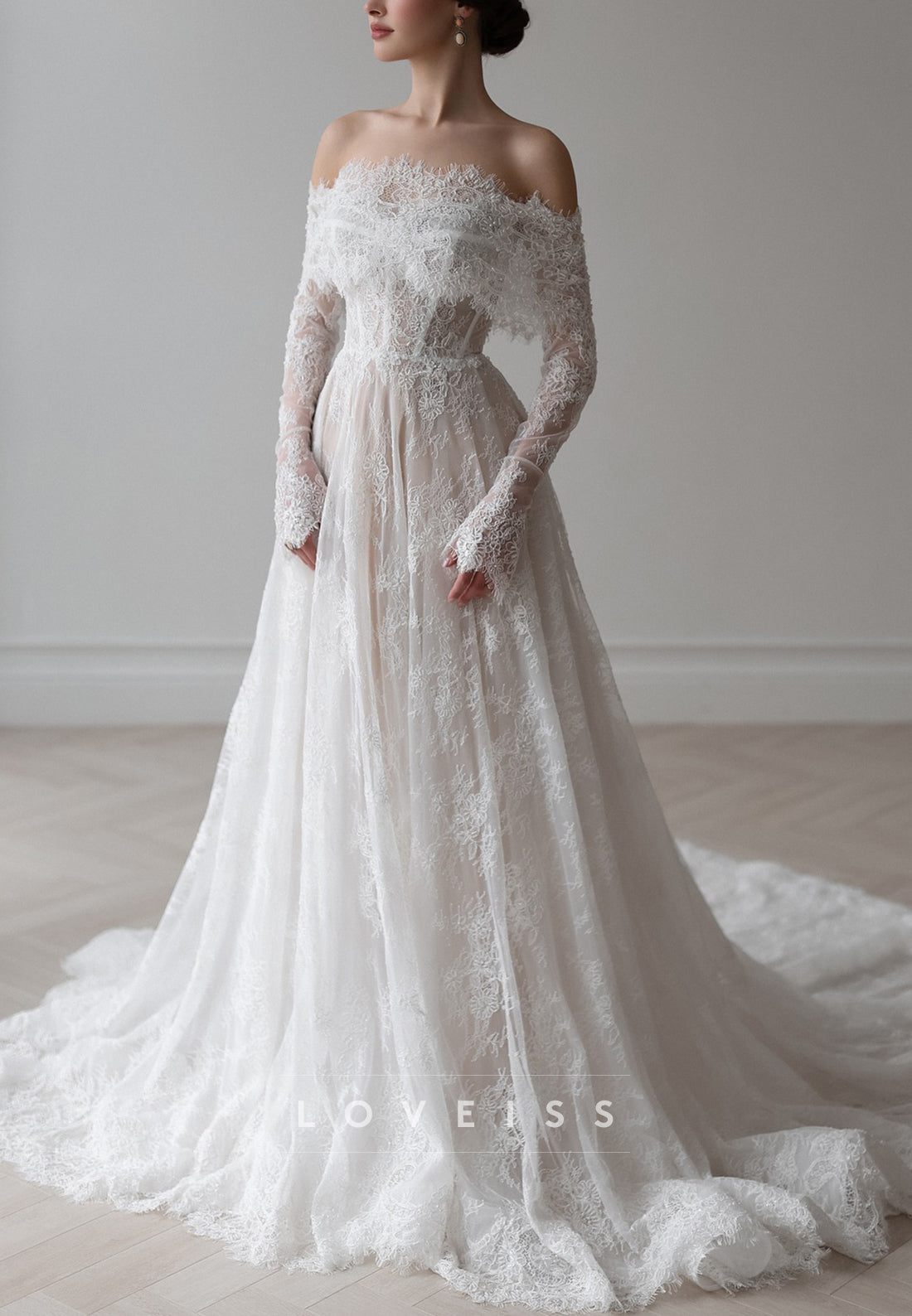 Off-Shoulder Long Sleeves Lace Appliques A-Line Wedding Dress Loveiss Off-Shoulder Long Sleeves Lace Appliques A-Line Wedding Dress Loveiss