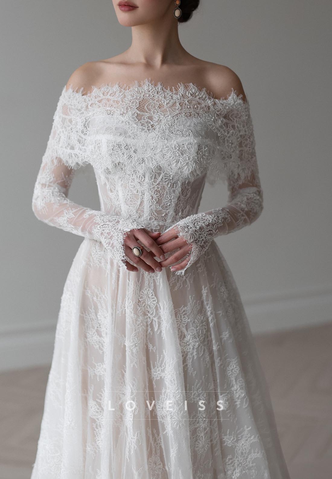 Off-Shoulder Long Sleeves Lace Appliques A-Line Wedding Dress