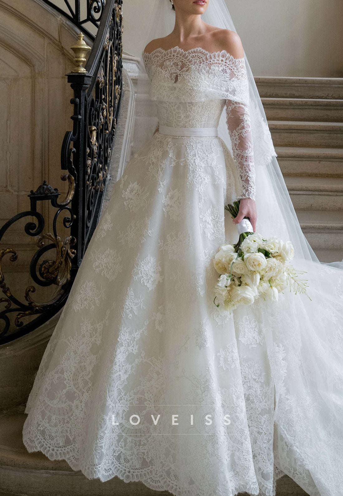 Off-Shoulder Long Sleeves Lace Appliques A-Line Wedding Dress